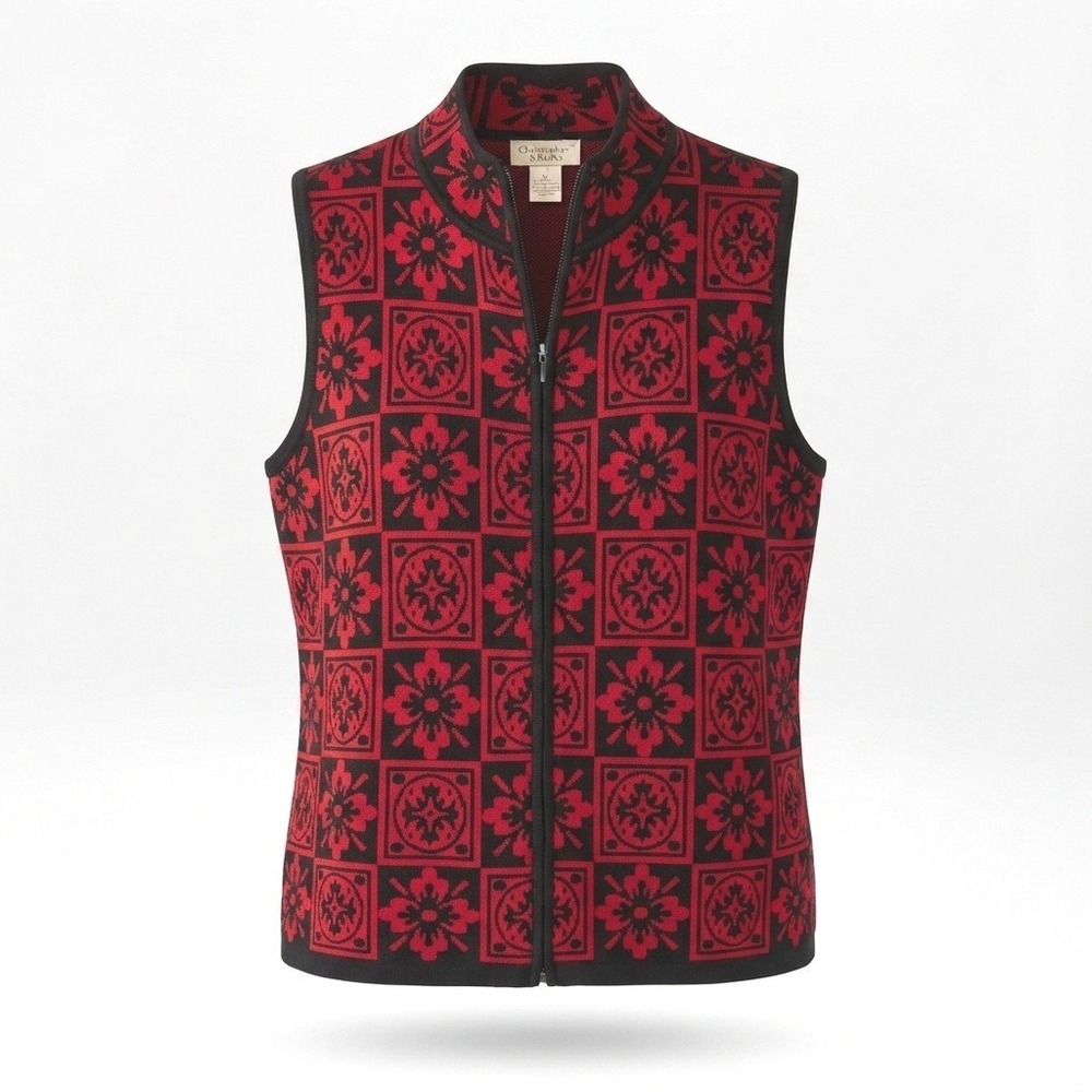 Christopher & Banks Sweater Vest Women XL Red Black Medallion Zip Mock Neck